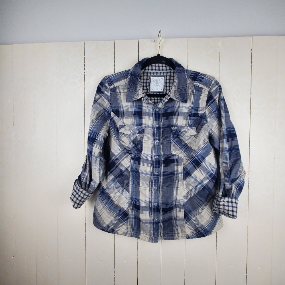 100% Cotton Plaid Button Down Women PL Blue Excellent Pearl Snap Western Shirt